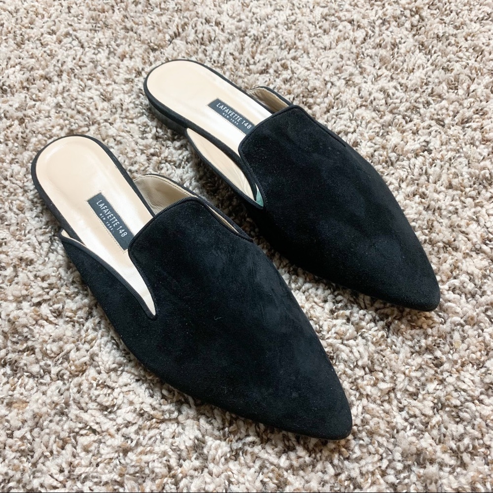 Lafayette 148 Vento Suede Pointed Toe Mules Loafers | minimal slip on shoes